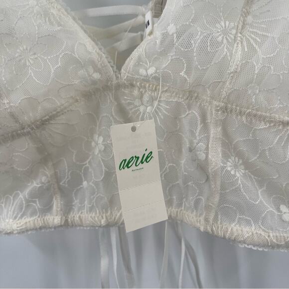 AERIE Bralette Size Medium Lace Embroidered Longline Bra Corset Cream Flower NWT - Picture 4 of 13
